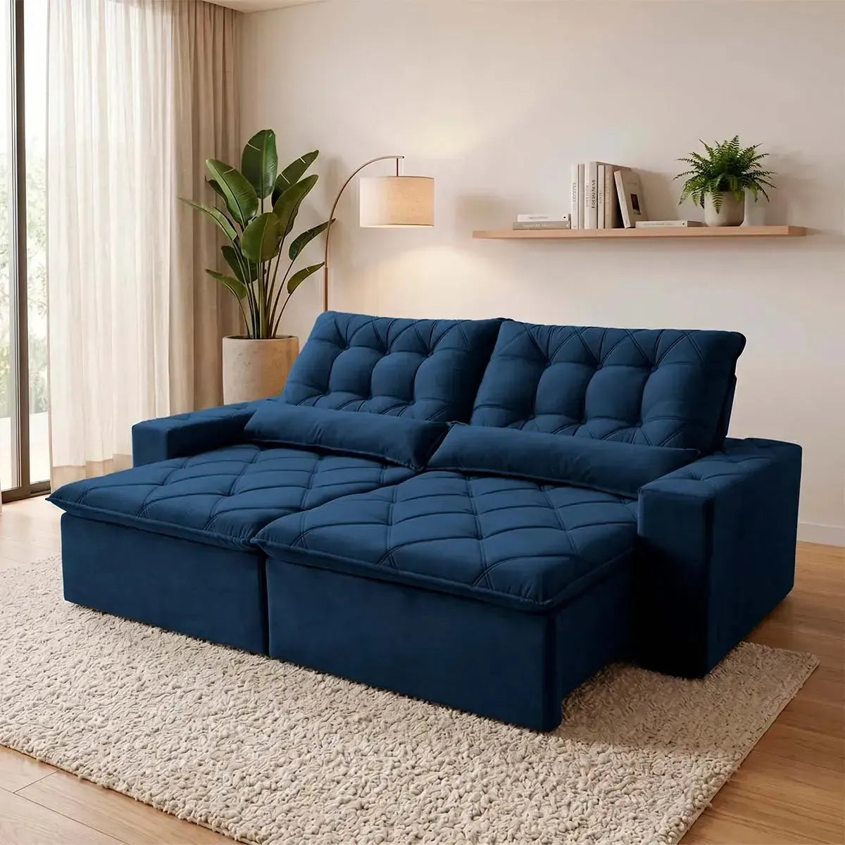 Sofá retrátil reclinável Islândia 2,50m em Suede Velut azul marinho, com molas no assento.