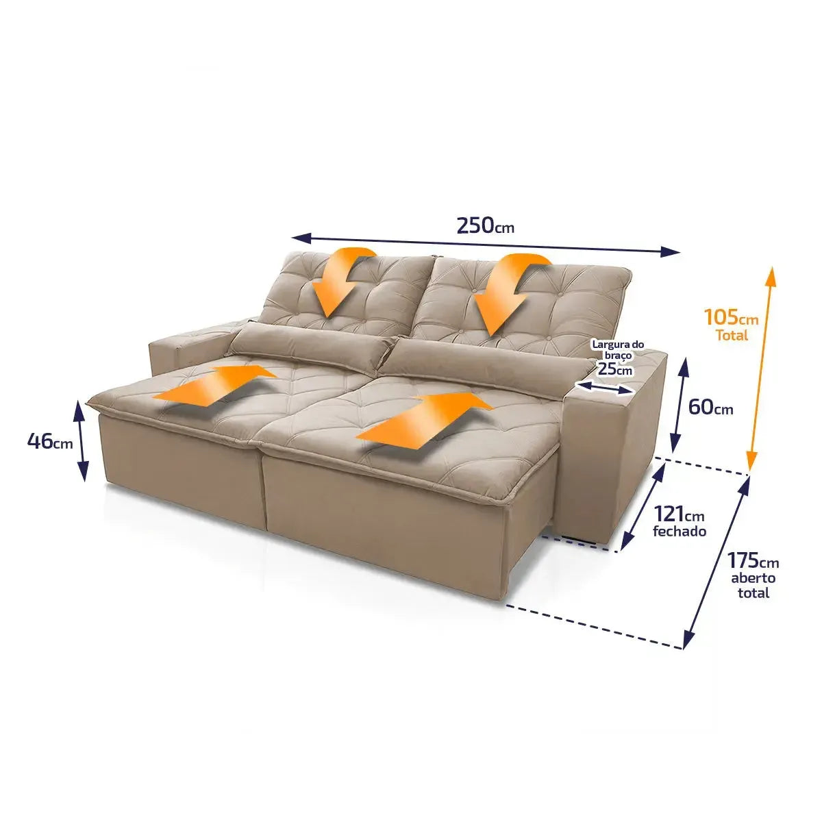 Sofá retrátil reclinável Islândia 2,50m em suede velut bege, com molas no assento e medidas detalhadas.