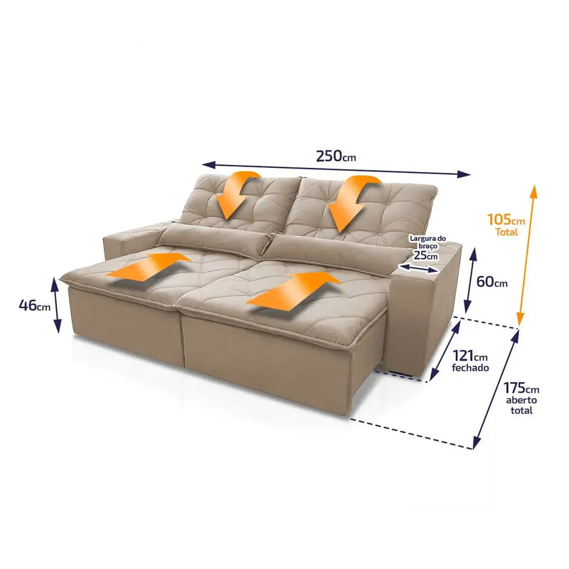 Sofá retrátil reclinável Islândia 2,50m em suede velut bege, com molas no assento e medidas detalhadas.