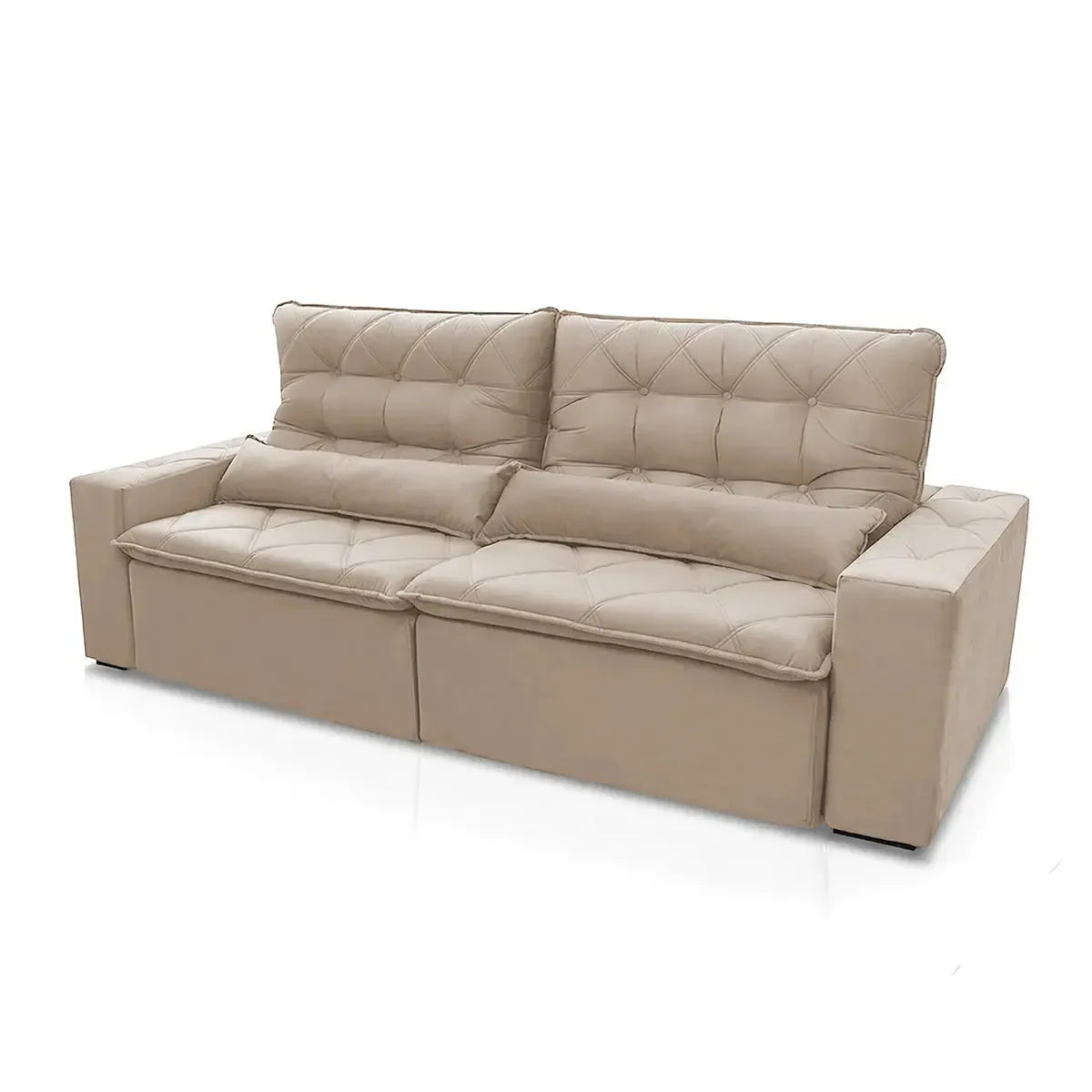 Sofá retrátil reclinável Islândia 2,50m em suede velut bege com molas no assento e encosto capitonê.
