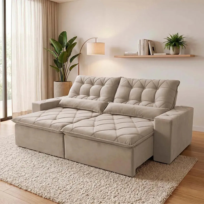 Sofá retrátil reclinável Islândia 2,50m em suede velut bege com molas, design moderno e elegante.