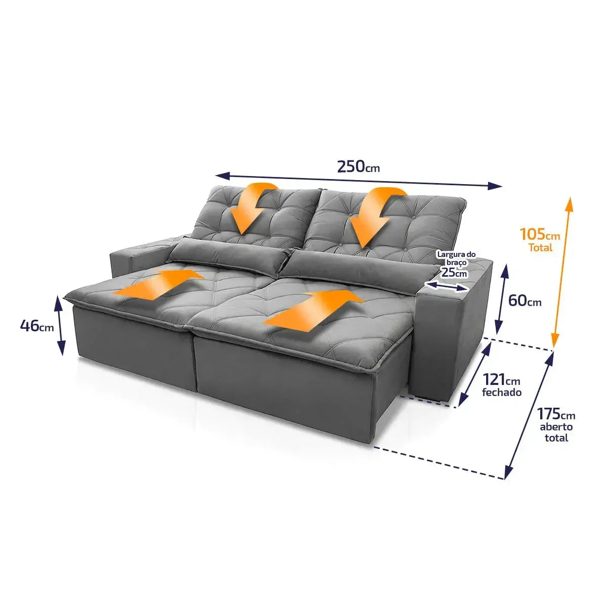Sofá retrátil reclinável Islândia 2,50m em suede velut cinza com molas e dimensões detalhadas.