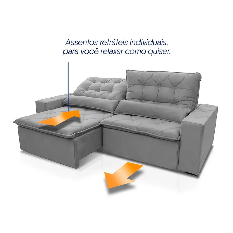 Sofá retrátil reclinável Islândia 2,50m em suede velut cinza com assentos individuais e molas.