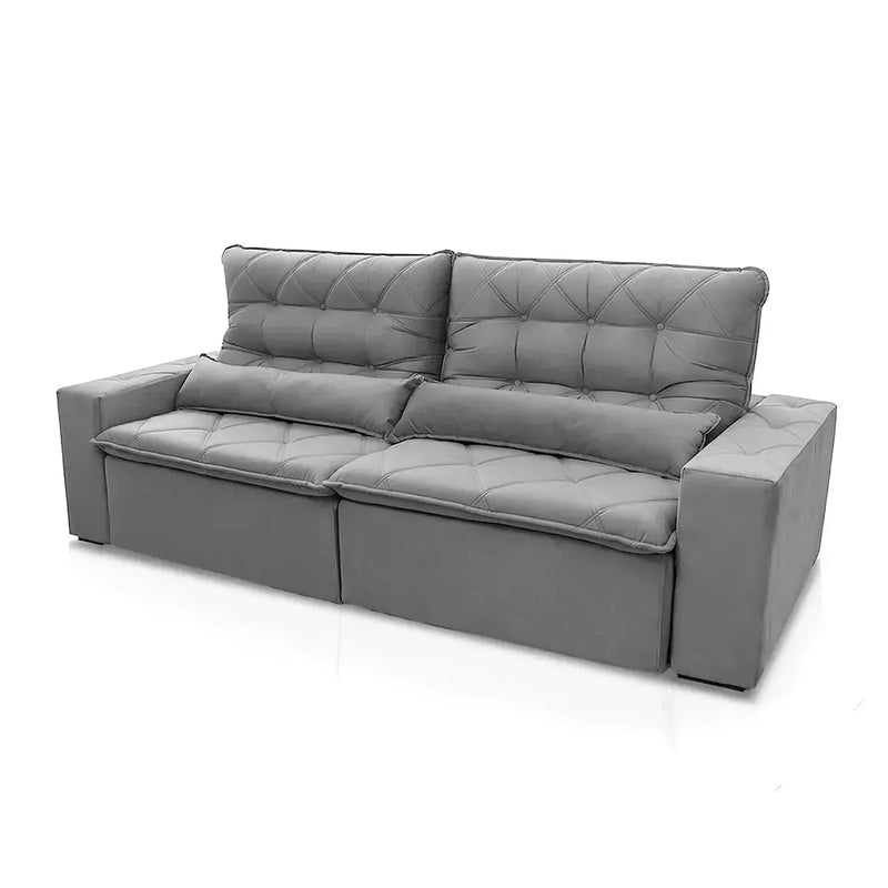 Sofá retrátil reclinável Islândia 2,50m em suede velut cinza com molas e almofadas.