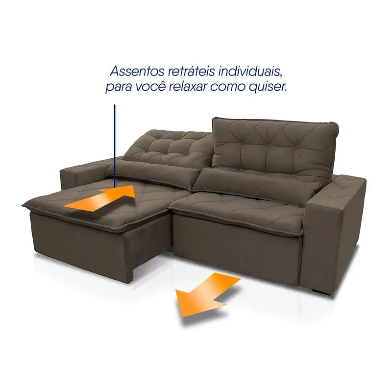 Sofá retrátil reclinável Islândia 2,50m em suede velut marrom com assentos individuais.