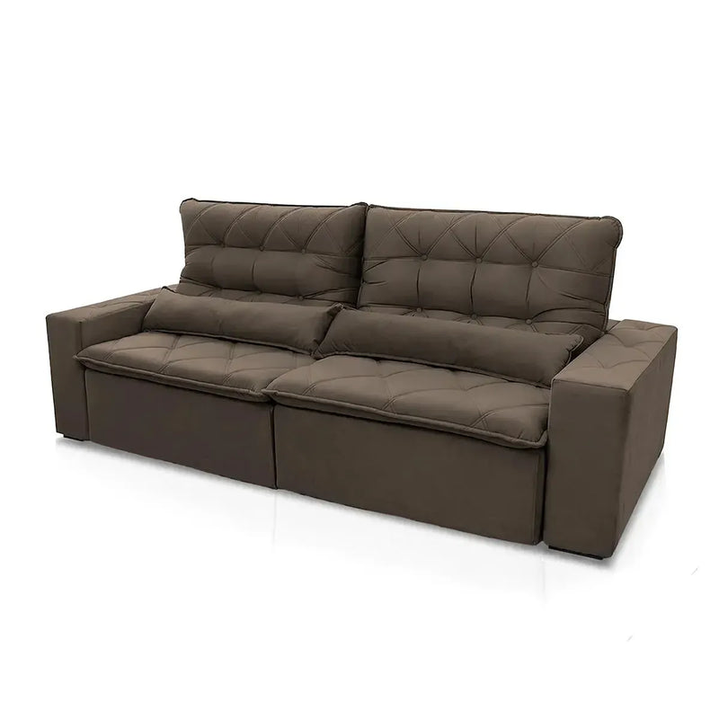 Sofá retrátil reclinável Islândia 2,50m em suede velut marrom com molas no assento e encosto capitonê.