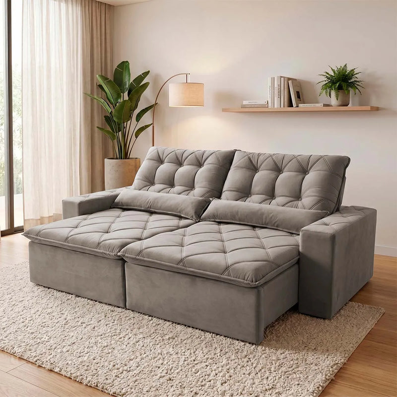 Sofá Retrátil Reclinável Islândia 2,50m Suede Velut Tabaco Molas no Assento