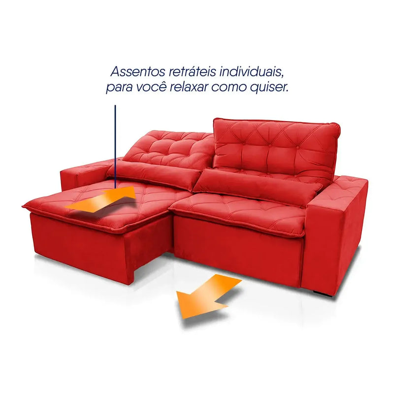 Sofá retrátil reclinável Islândia 2,50m em suede velut vermelho com assentos individuais e molas.