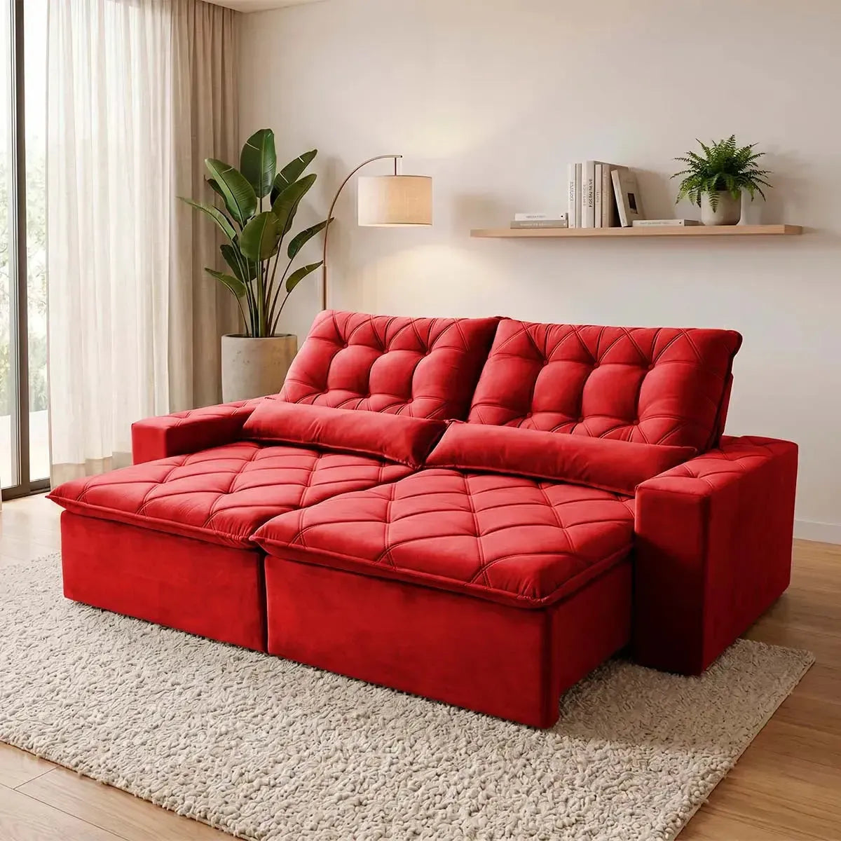Sofá retrátil reclinável Islândia 2,50m em suede velut vermelho, com molas no assento.
