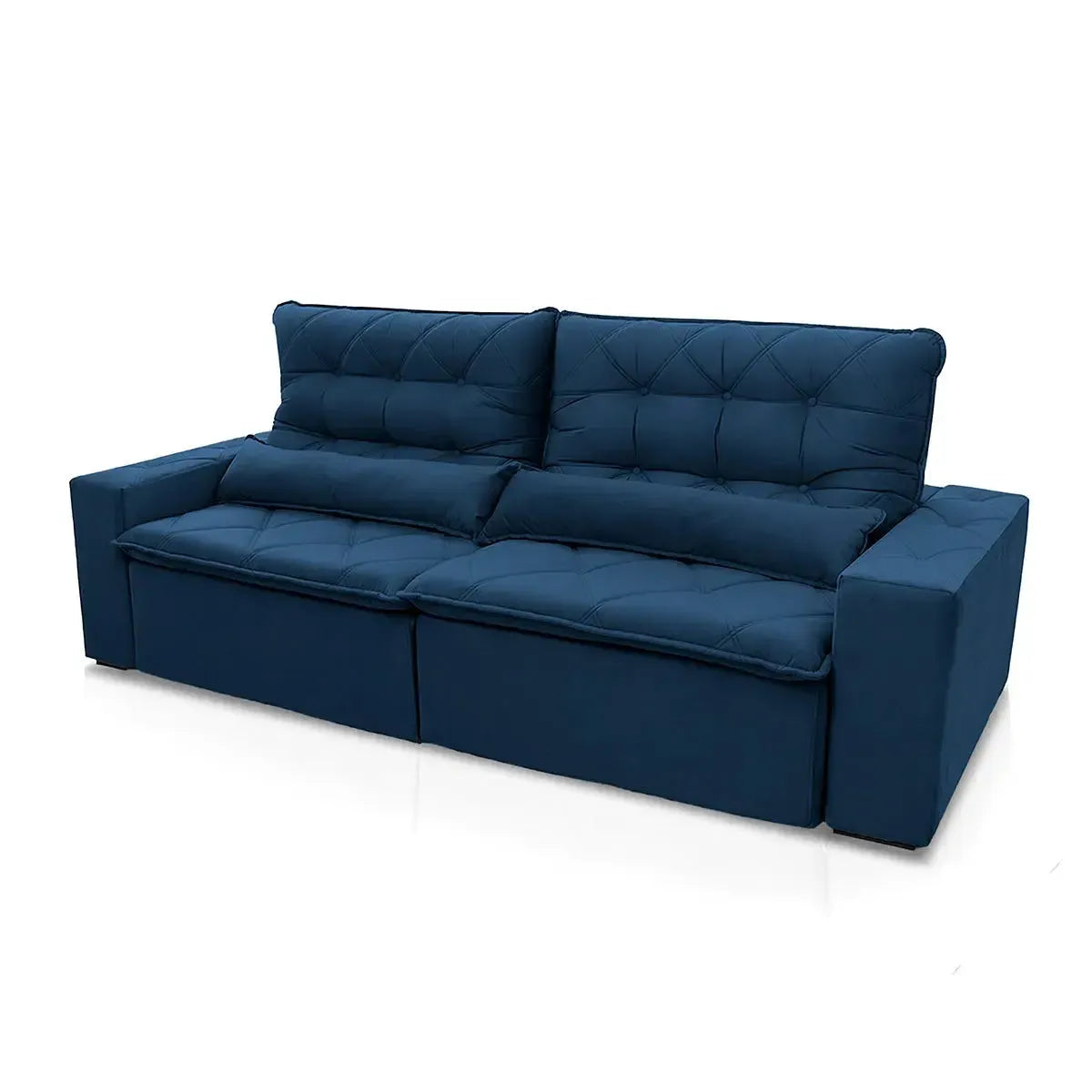 Sofá retrátil reclinável Islândia 2,70m em suede velut azul marinho com molas no assento.