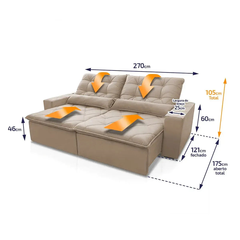 Sofá retrátil reclinável Islândia 2,70m em suede velut bege, com molas no assento e dimensões detalhadas.