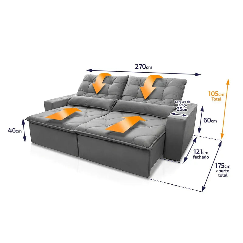 Sofá retrátil reclinável Islândia 2,70m em suede velut cinza com molas no assento.