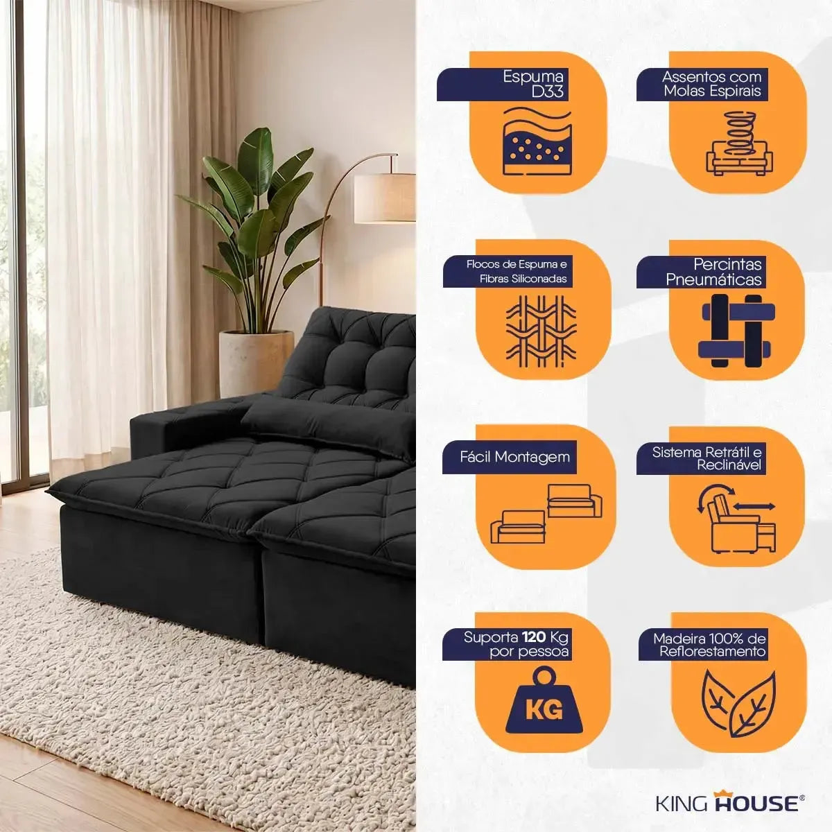 Sofá retrátil reclinável Islândia preto de suede velut com molas no assento, em ambiente moderno.
