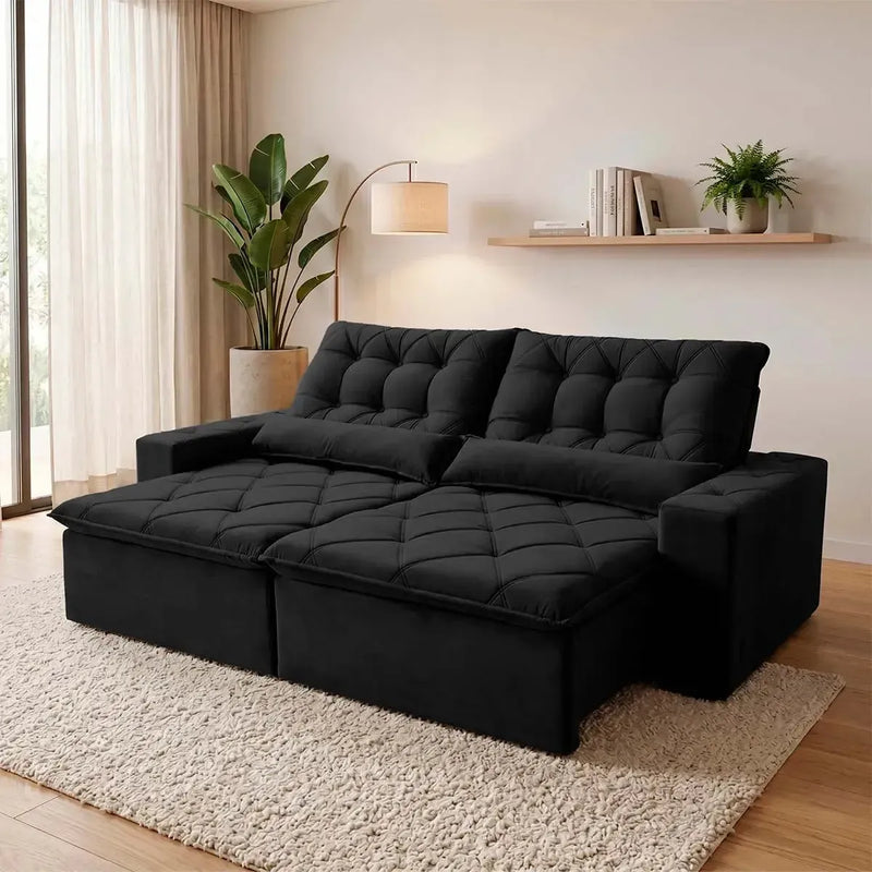 Sofá retrátil reclinável Islândia 2,70m em suede velut preto com molas no assento.