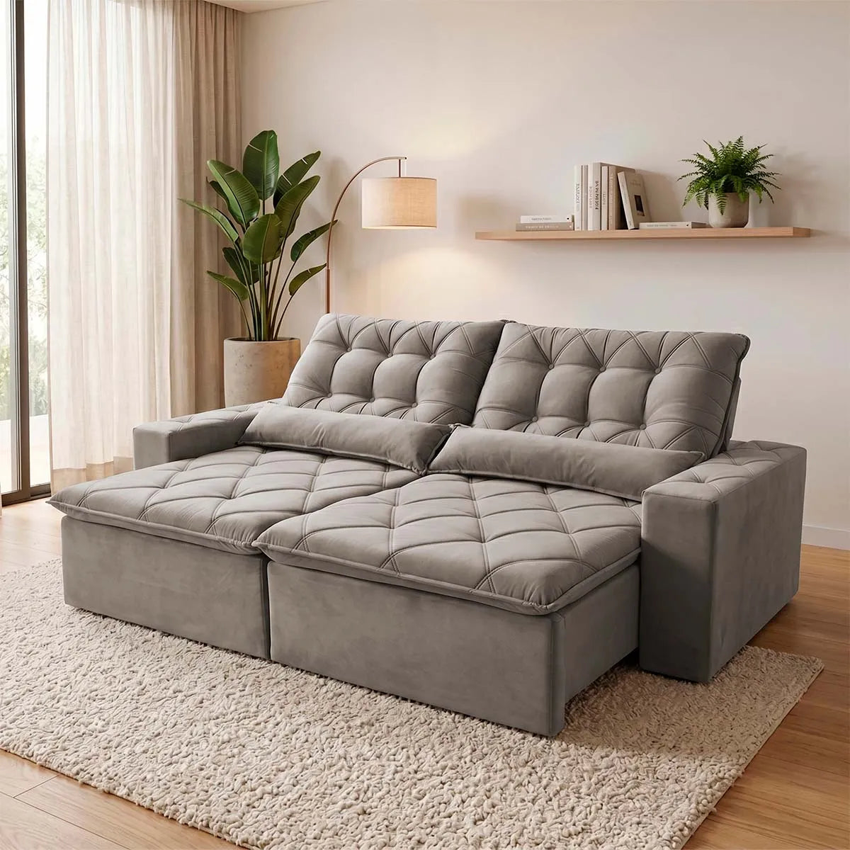 Sofá Retrátil Reclinável Islândia 2,70m Suede Velut Tabaco Molas no Assento