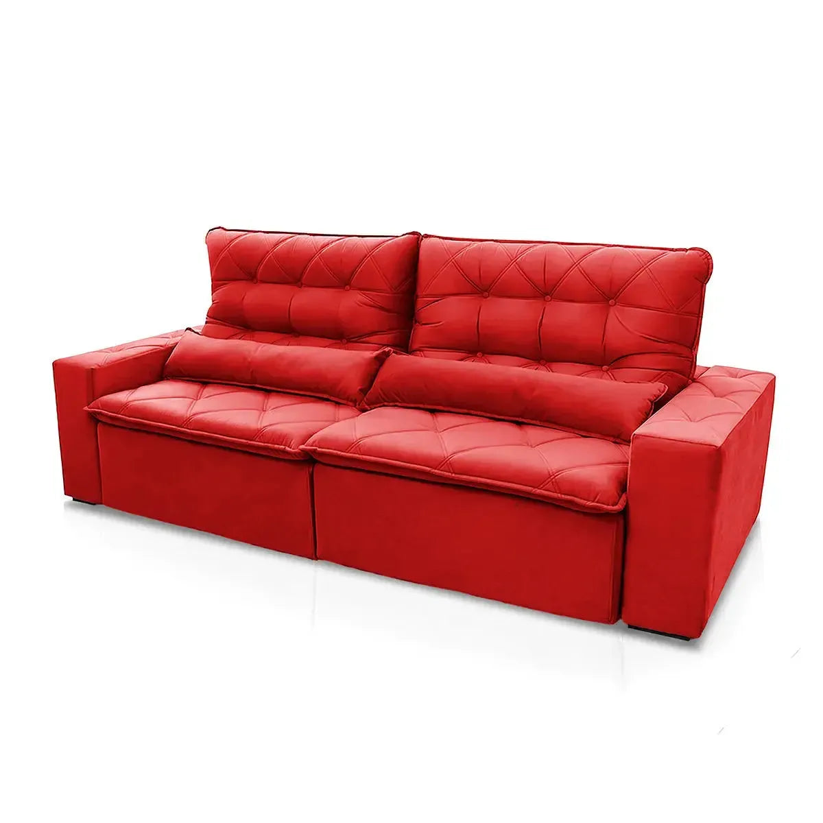 Sofá retrátil reclinável Islândia 2,70m em suede velut vermelho, com molas no assento e design moderno.