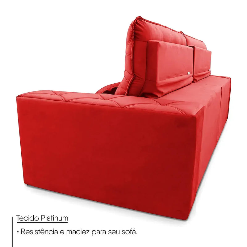 Sofá retrátil reclinável Islândia vermelho em suede velut, com design moderno e encosto ajustável.