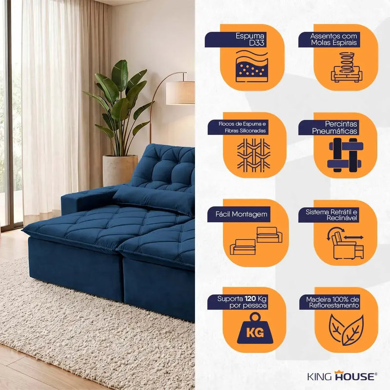 Sofá retrátil reclinável Islândia 3,00m em suede velut azul marinho com molas no assento.