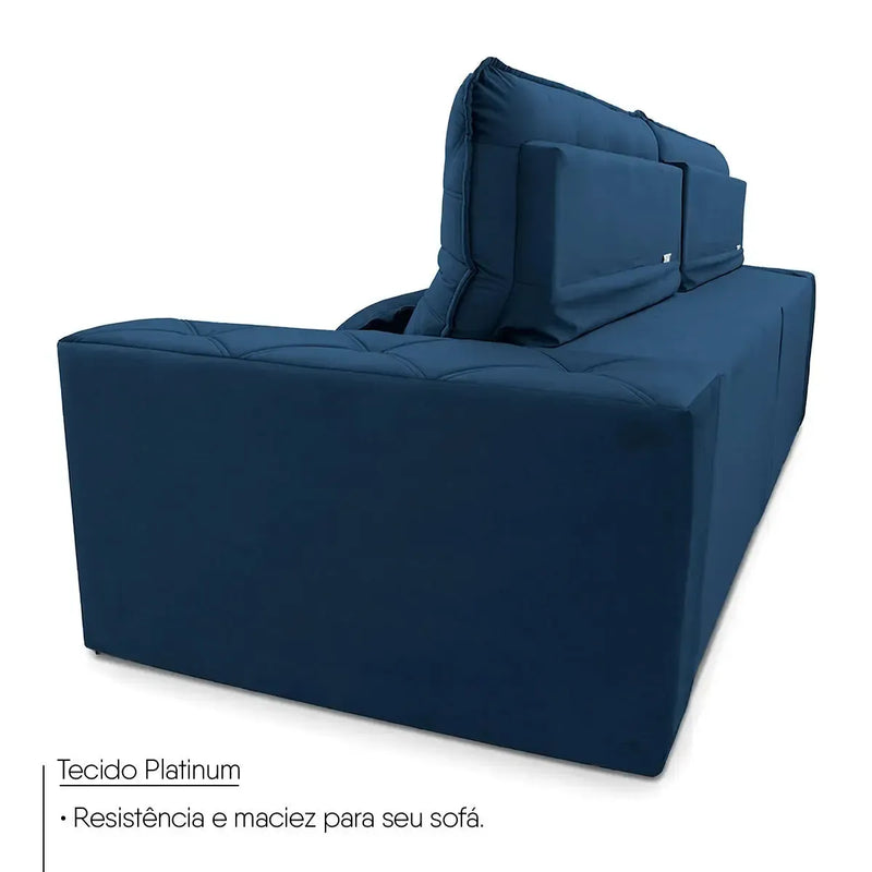 Sofá retrátil reclinável Islândia 3,00m em suede velut azul marinho, com encosto ajustável.