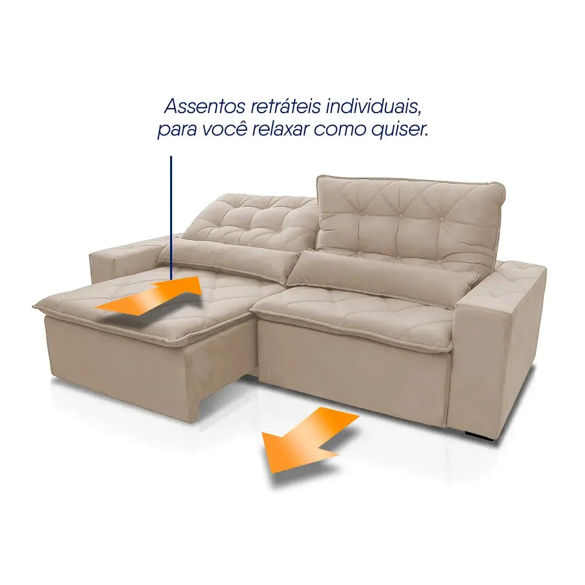 Sofá retrátil reclinável Islândia 3,00m em suede velut bege com assentos individuais e molas.
