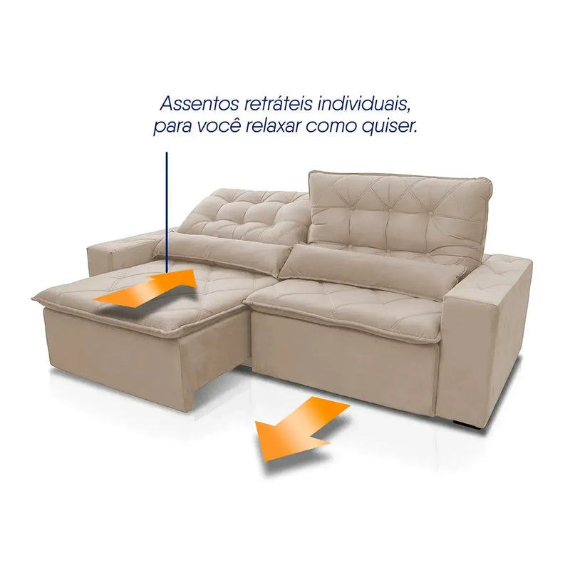 Sofá retrátil reclinável Islândia 3,00m em suede velut bege com assentos individuais e molas.