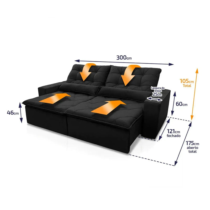 Sofá retrátil reclinável Islândia 3,00m em suede velut preto com molas, mostrando dimensões.
