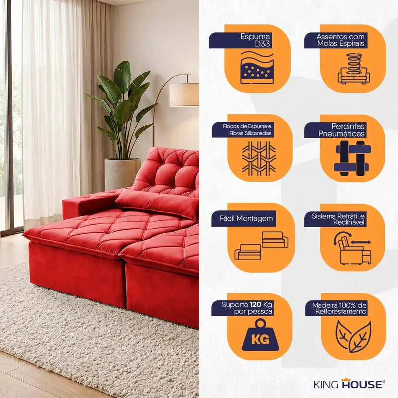 Sofá retrátil reclinável Islândia 3,00m em suede velut vermelho, com molas no assento.