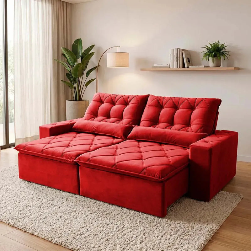 Sofá retrátil reclinável Islândia 3,00m em suede velut vermelho, com molas no assento.