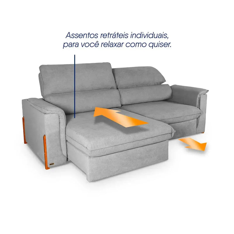 Sofá Retrátil Reclinável Linea 2,70m Cinza Duplo Molejo