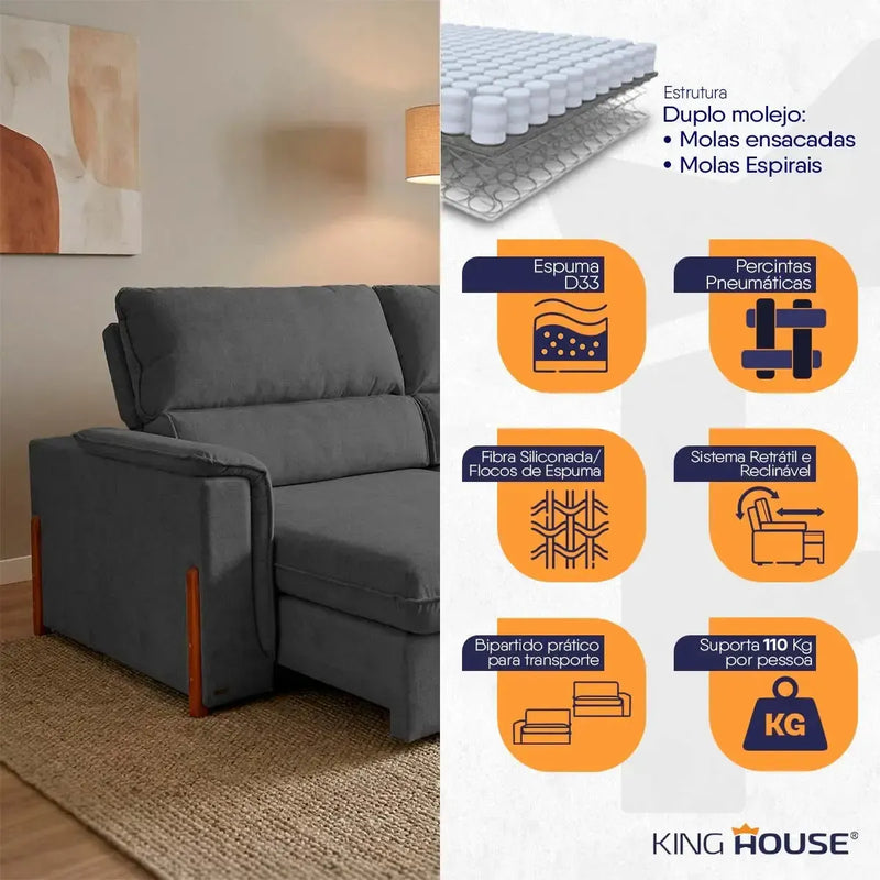 Sofá Retrátil Reclinável Linea 3,00m Grafite Duplo Molejo
