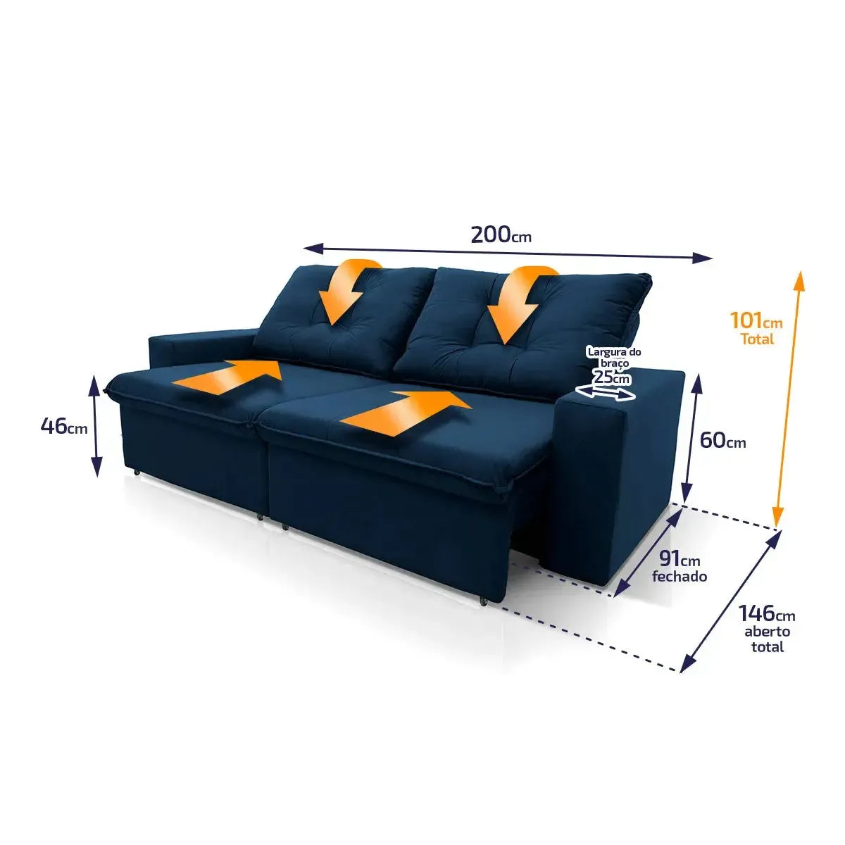 Sofá Retrátil Reclinável Malta 2,00m Suede Velut Azul Molas no Assento