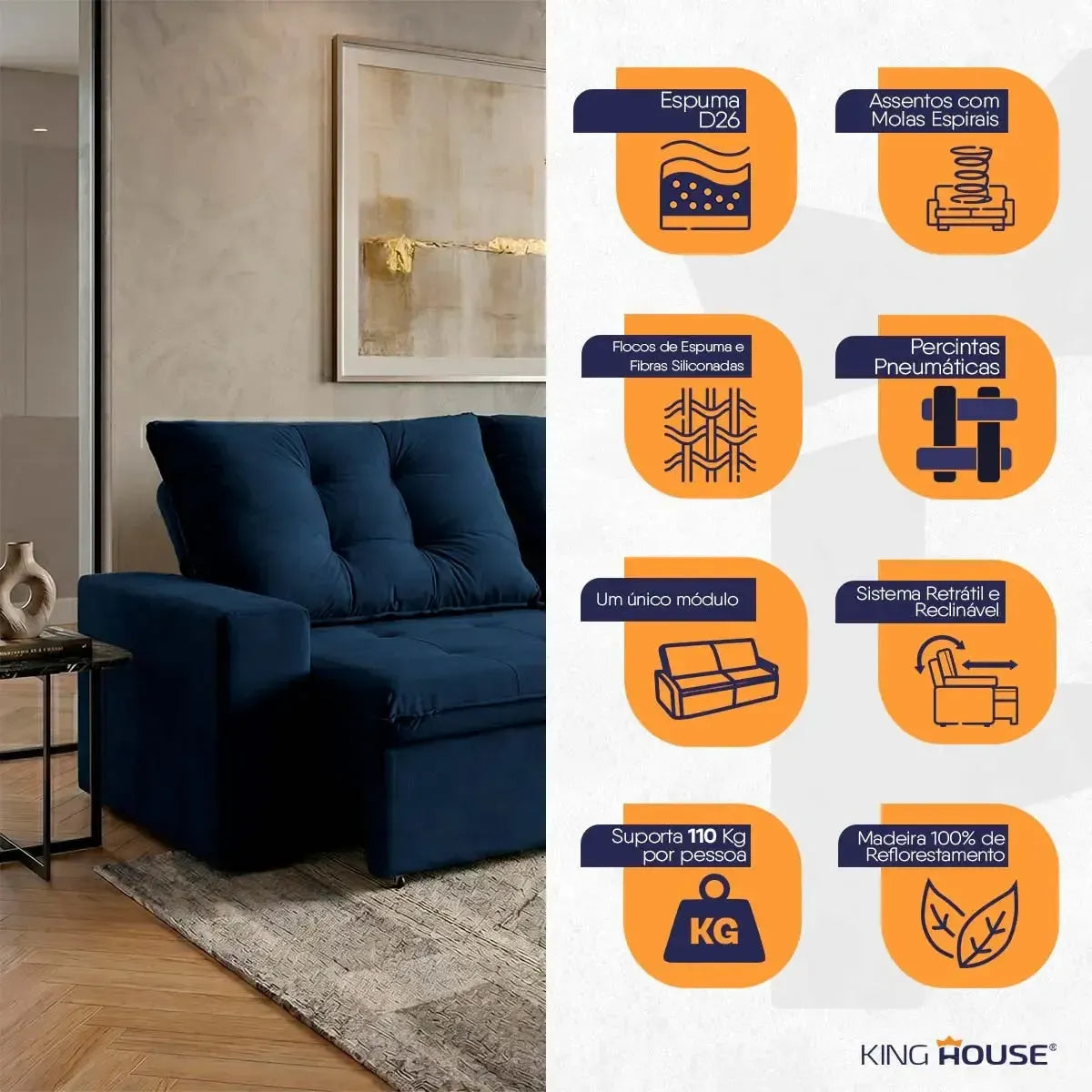 Sofá Retrátil Reclinável Malta 2,00m Suede Velut Azul Molas no Assento