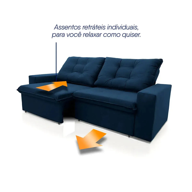 Sofá Retrátil Reclinável Malta 2,00m Suede Velut Azul Molas no Assento