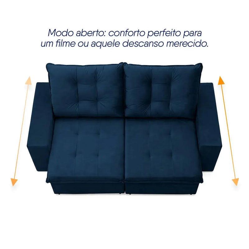 Sofá Retrátil Reclinável Malta 2,00m Suede Velut Azul Molas no Assento