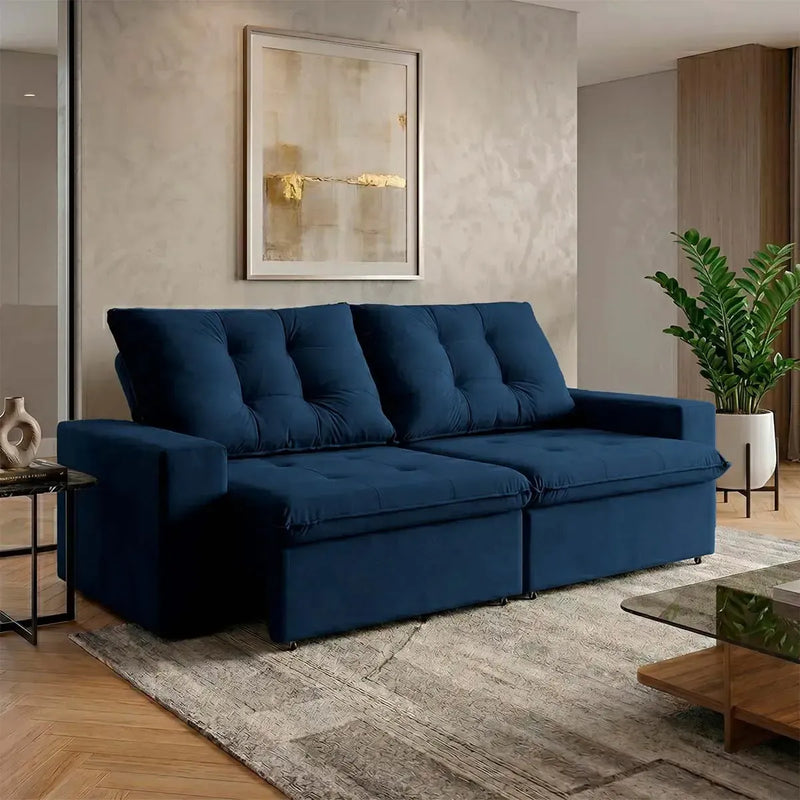 Sofá Retrátil Reclinável Malta 2,00m Suede Velut Azul Molas no Assento