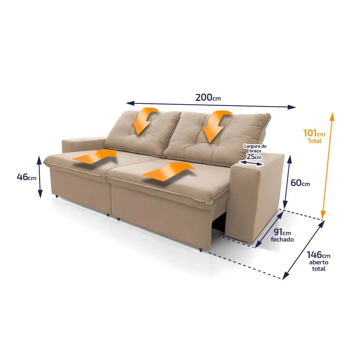 Sofá Retrátil Reclinável Malta 2,00m Suede Velut Bege Molas no Assento