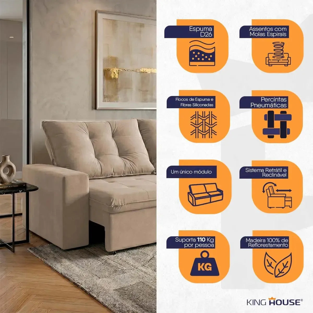 Sofá Retrátil Reclinável Malta 2,00m Suede Velut Bege Molas no Assento