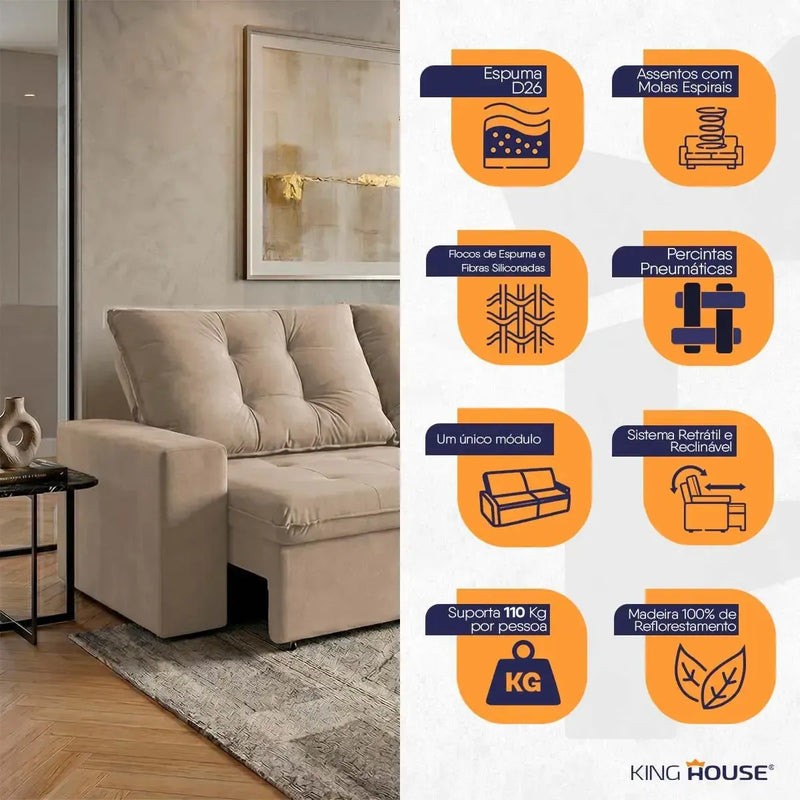 Sofá Retrátil Reclinável Malta 2,00m Suede Velut Bege Molas no Assento