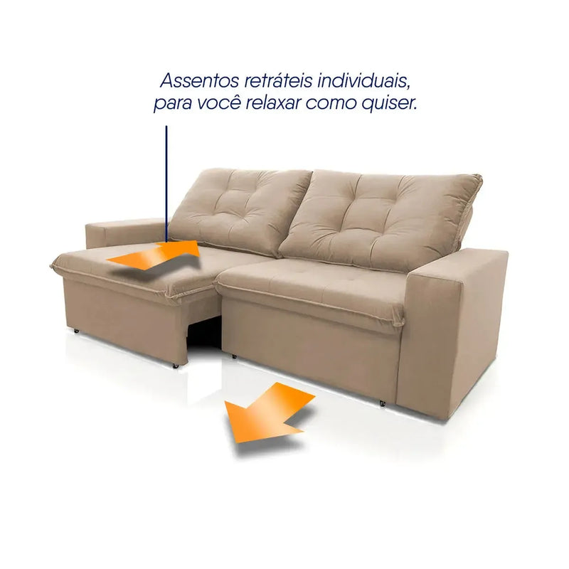 Sofá Retrátil Reclinável Malta 2,00m Suede Velut Bege Molas no Assento