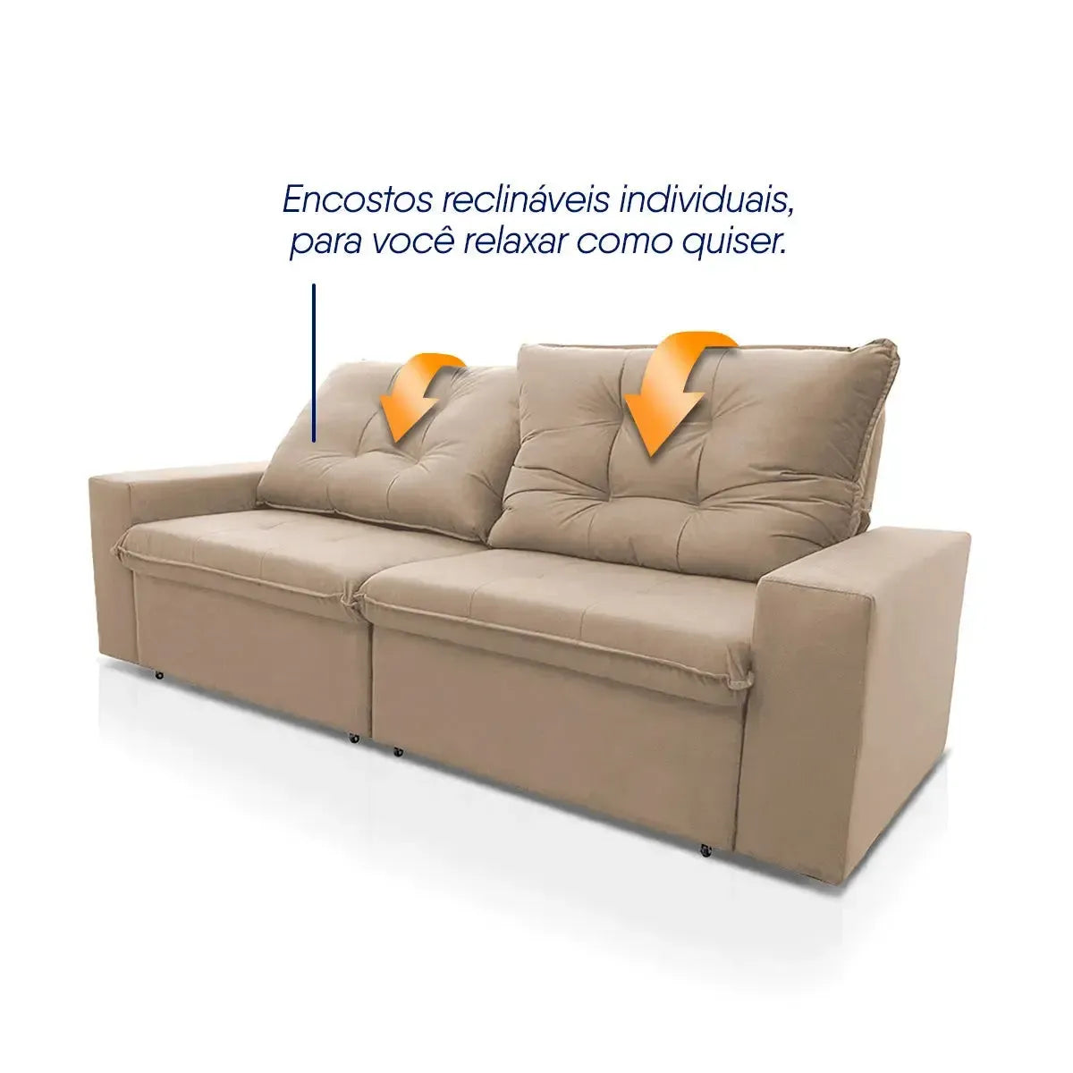 Sofá Retrátil Reclinável Malta 2,00m Suede Velut Bege Molas no Assento