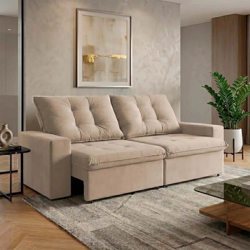Sofá Retrátil Reclinável Malta 2,00m Suede Velut Bege Molas no Assento