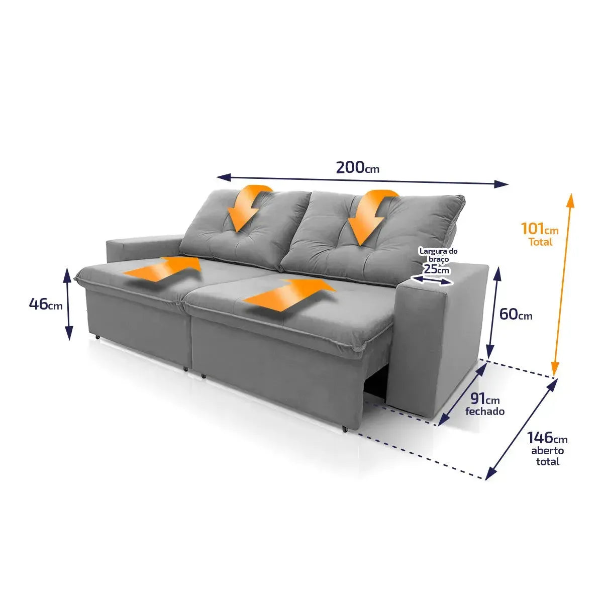 Sofá Retrátil Reclinável Malta 2,00m Suede Velut Cinza Molas no Assento