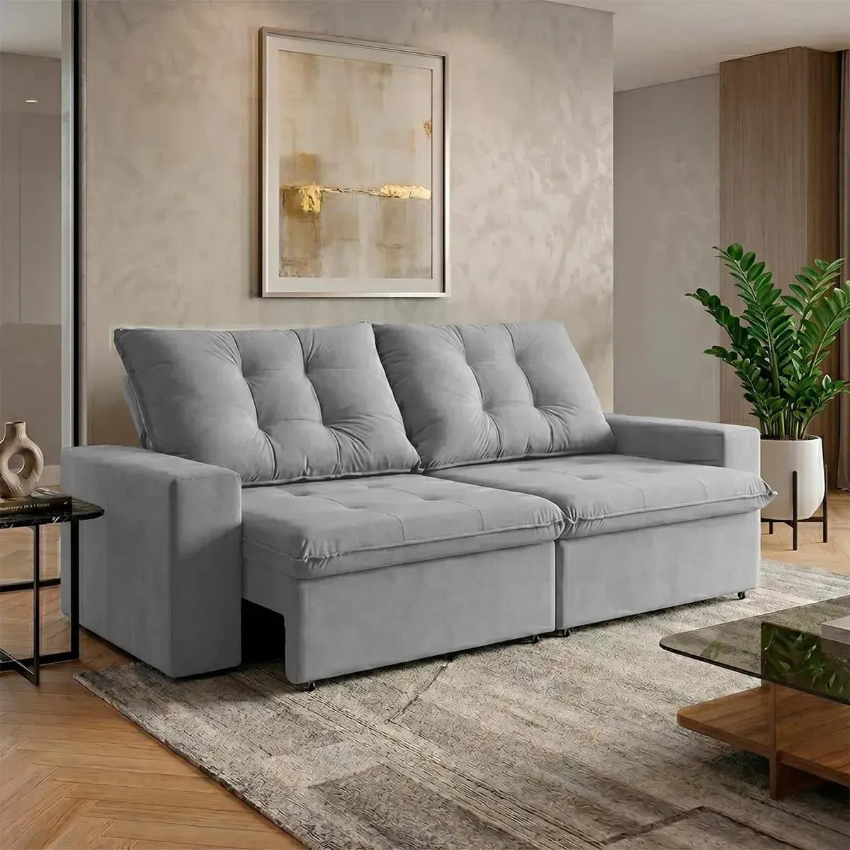 Sofá Retrátil Reclinável Malta 2,00m Suede Velut Cinza Molas no Assento