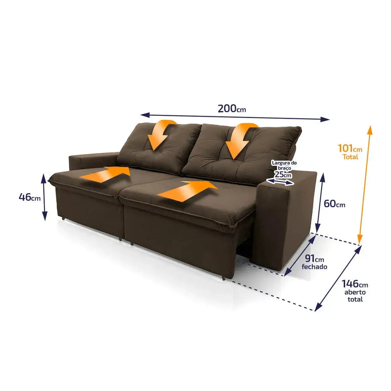 Sofá Retrátil Reclinável Malta 2,00m Suede Velut Marrom Molas no Assento