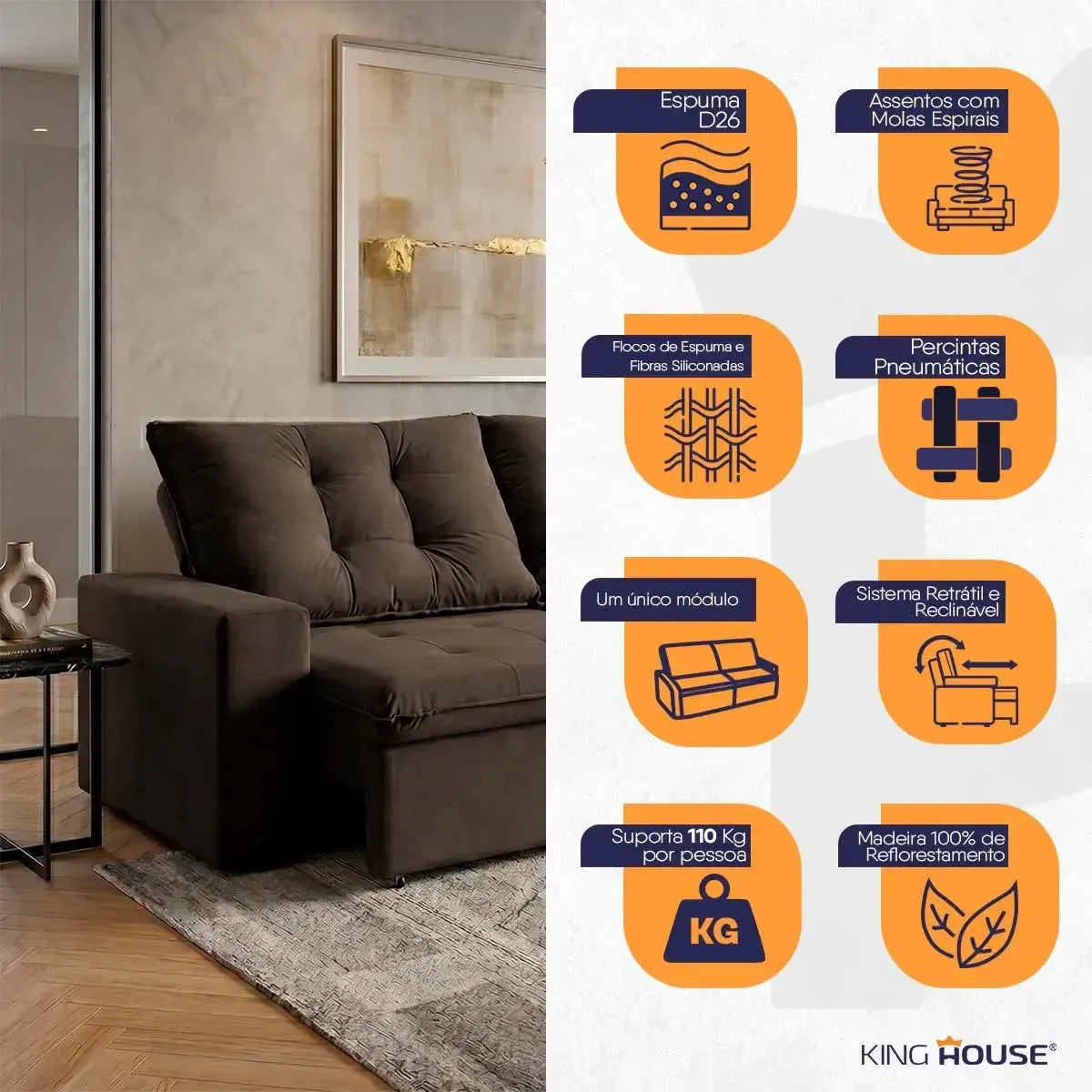 Sofá Retrátil Reclinável Malta 2,00m Suede Velut Marrom Molas no Assento