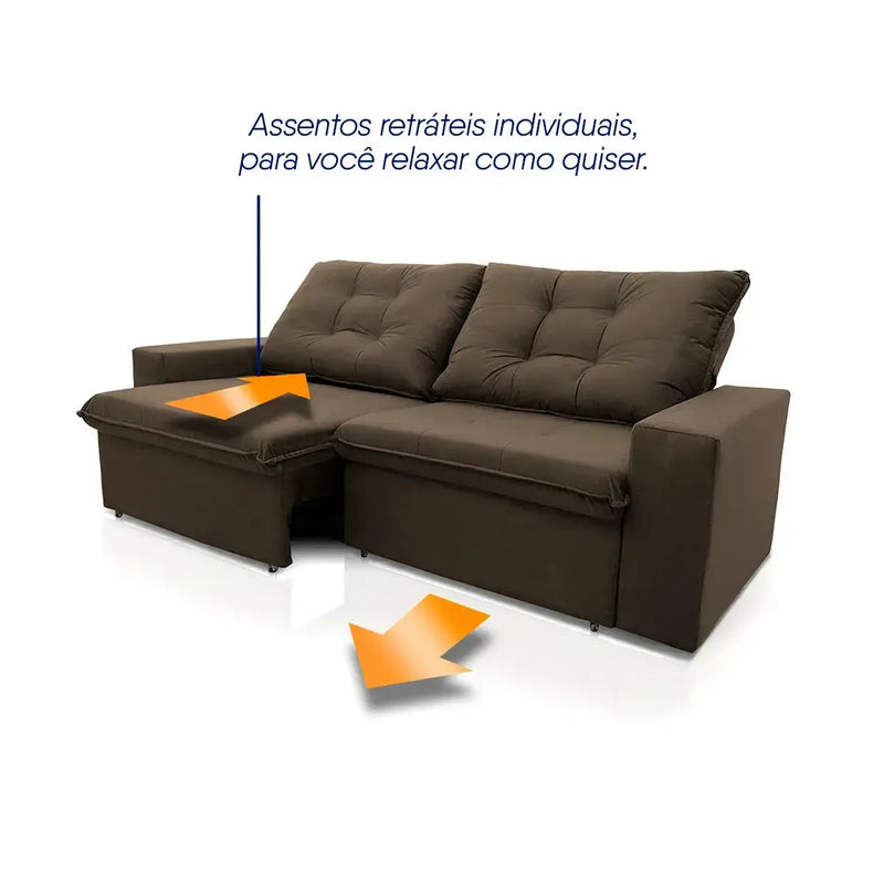 Sofá Retrátil Reclinável Malta 2,00m Suede Velut Marrom Molas no Assento