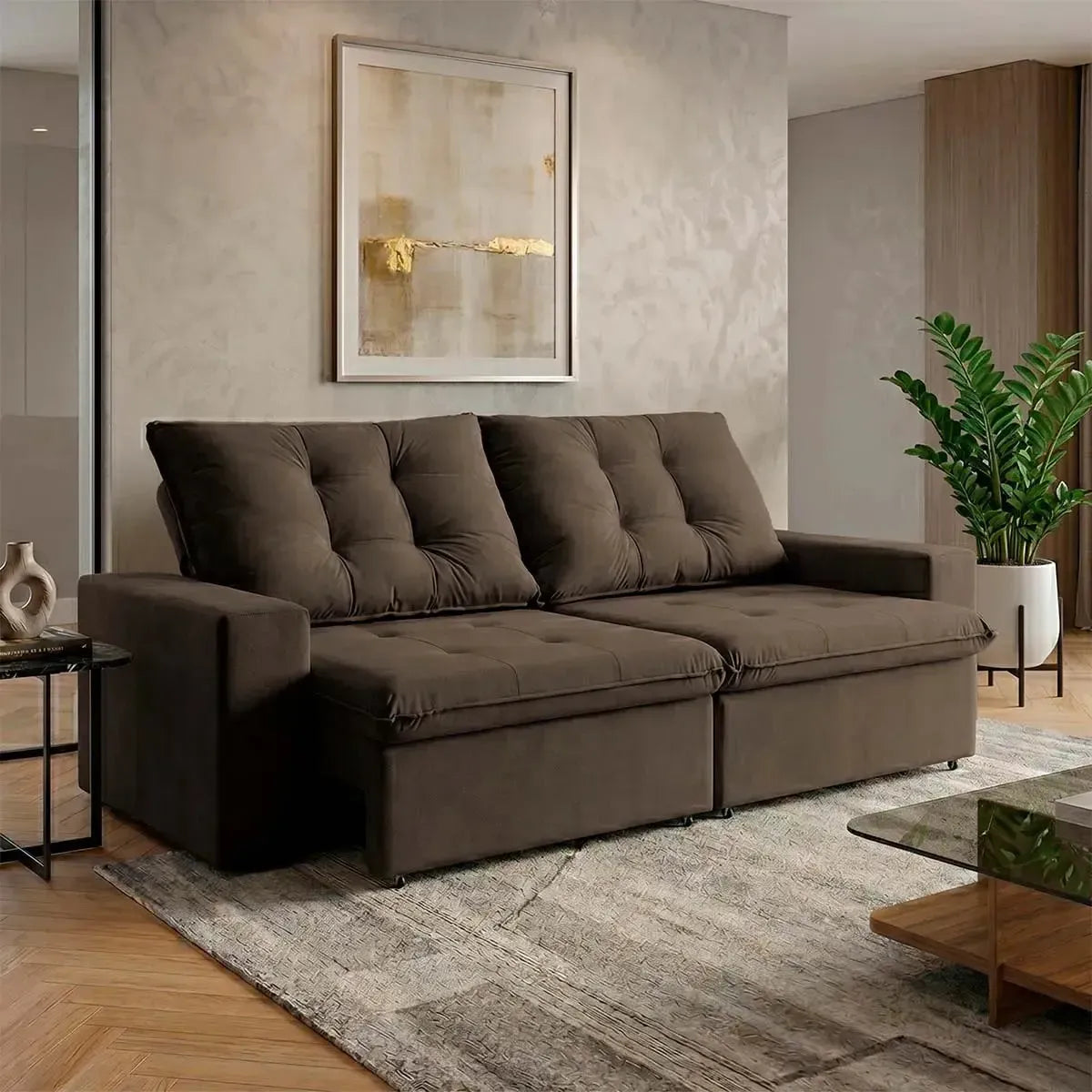 Sofá Retrátil Reclinável Malta 2,00m Suede Velut Marrom Molas no Assento