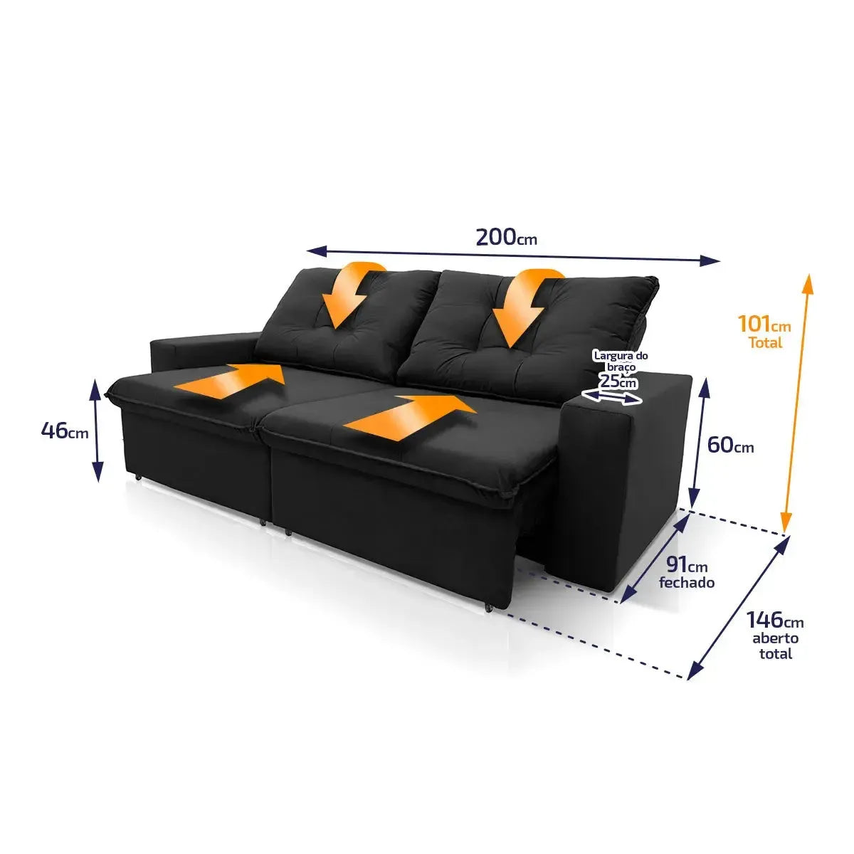 Sofá Retrátil Reclinável Malta 2,00m Suede Velut Preto Molas no Assento