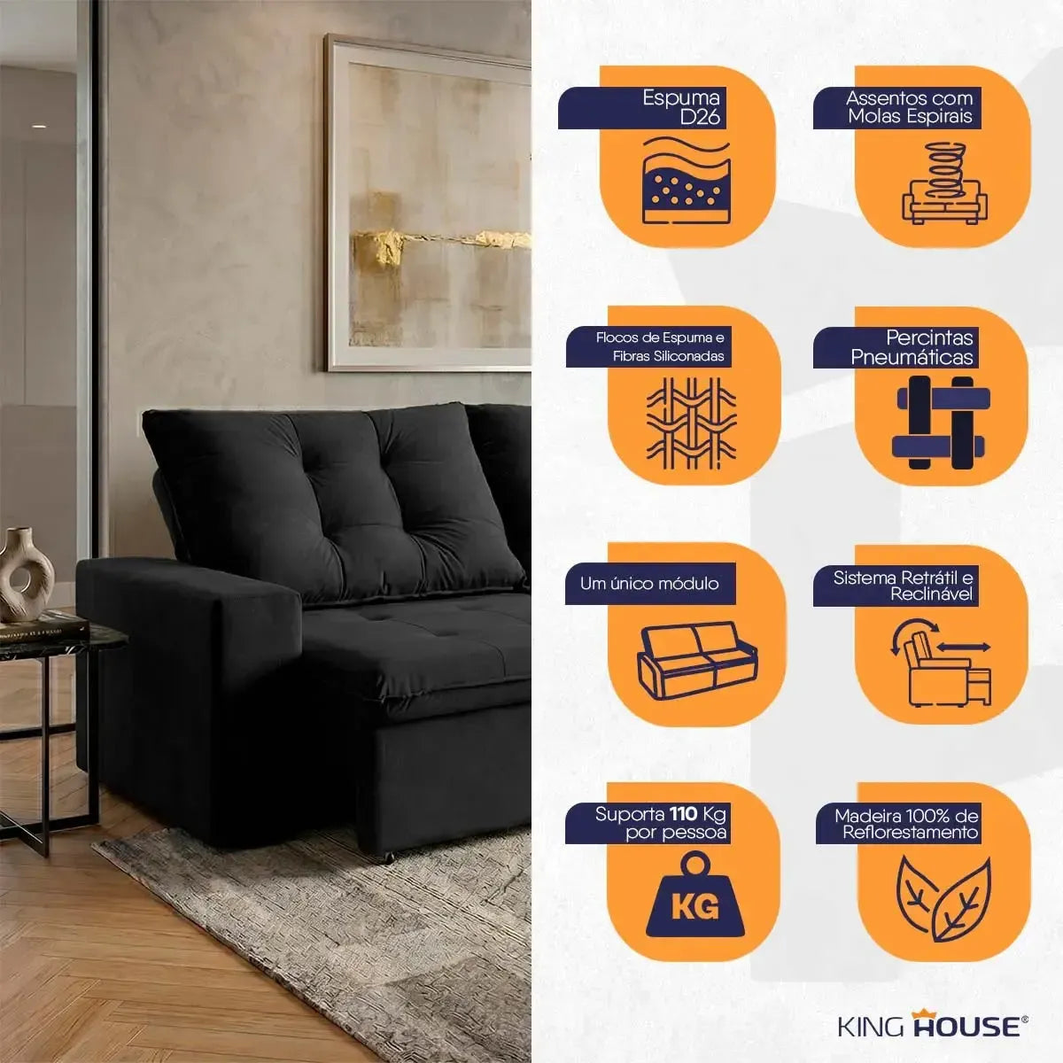 Sofá Retrátil Reclinável Malta 2,00m Suede Velut Preto Molas no Assento