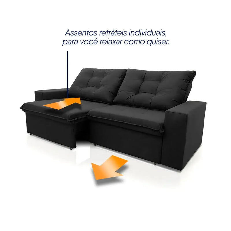 Sofá Retrátil Reclinável Malta 2,00m Suede Velut Preto Molas no Assento